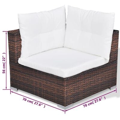 Two-person corner sofa with white cushions and pink measurements showing 70 cm sides