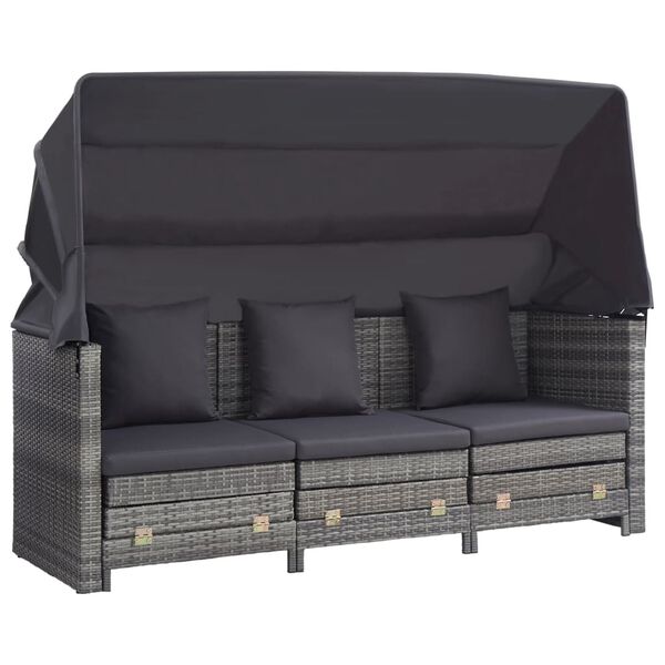 vidaXL Extendable 3-Seater Sofa Bed with Roof Poly Rattan Gray