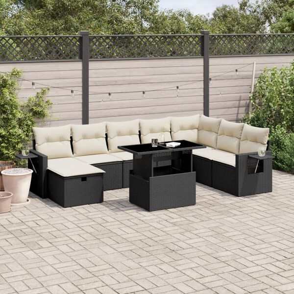 vidaXL Garden Sofa Set Black and Cream White PE rattan 9 Piece