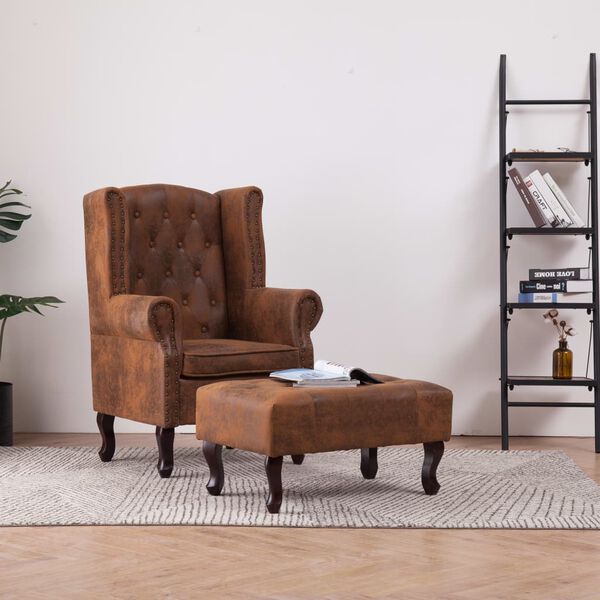 vidaXL Armchair And Stool Brown Faux leather, Wood, Foam One Size