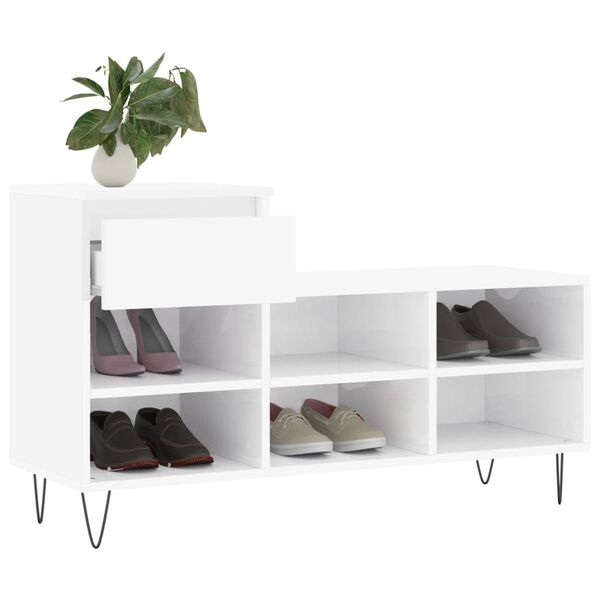 vidaXL Shoe Cabinet Glossy White Engineered Wood, Metal Medium