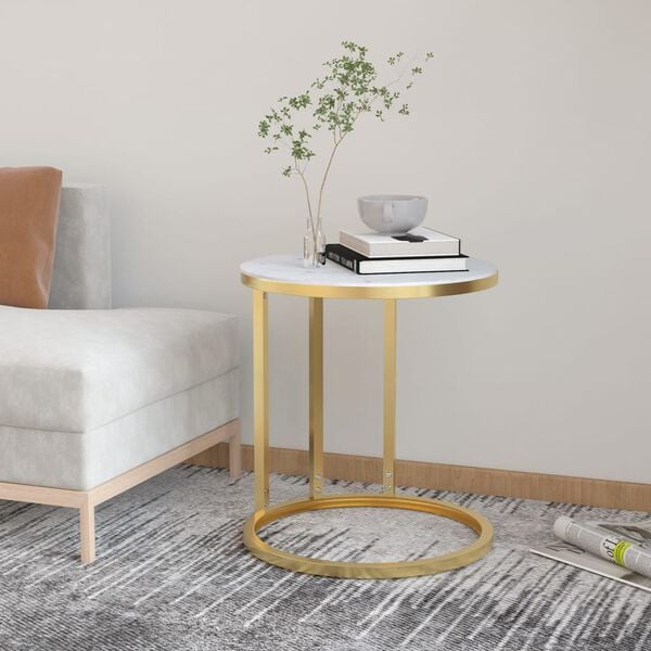 vidaXL Side Table Gold and White Marble Tempered Glass, Powder-Coated Iron