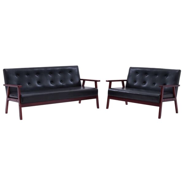 vidaXL Sofa Set Black Faux Leather, Wood 2-seater and 3-seater sizes