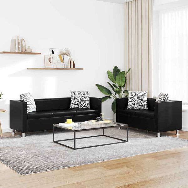 vidaXL Sofa Black Faux Leather, Wood 3-seater and 2-seater Modular