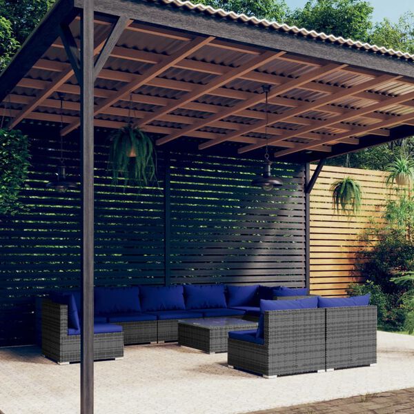 vidaXL Garden Lounge Set Grey PE rattan, powder-coated steel, plastic, glass