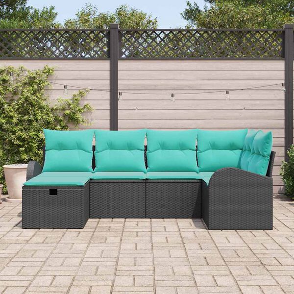 vidaXL Sofa Set with Cushion 6 pcs Black and Turquoise Poly Rattan