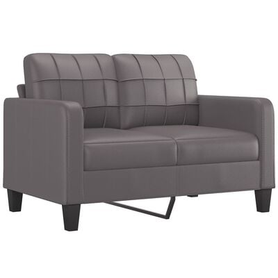 Gray loveseat/sofa with grid-stitch backrest and curved metal leg support visible from front.