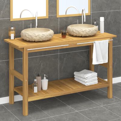 vidaXL Bathroom Vanity Cabinet with Cream Marble Sinks Solid Wood Teak