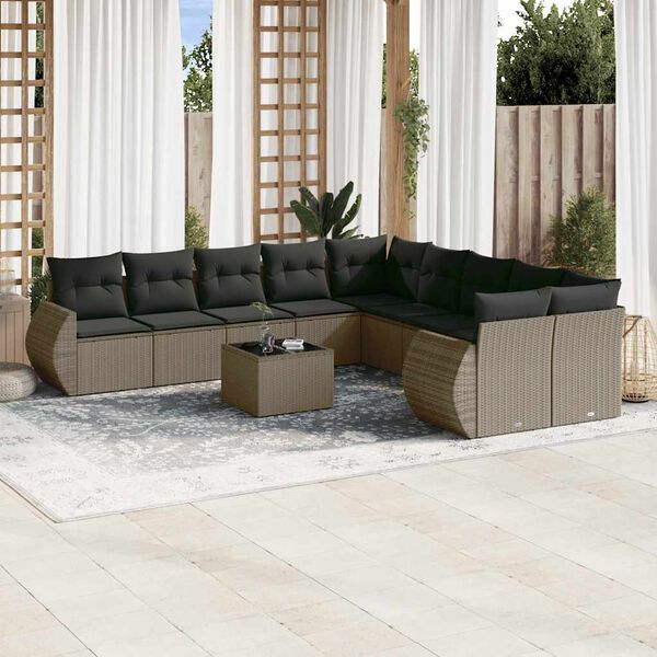 vidaXL Sofa Set Light Grey PE Rattan, Powder-coated Steel, Tempered Glass