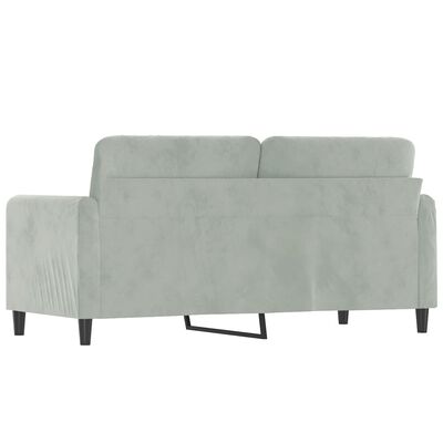 Back view of a light gray/blue loveseat showing back cushions and armrests, with leg supports visible.