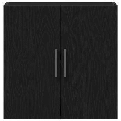 Front view of a tall black cabinet with two doors and vertical handles.