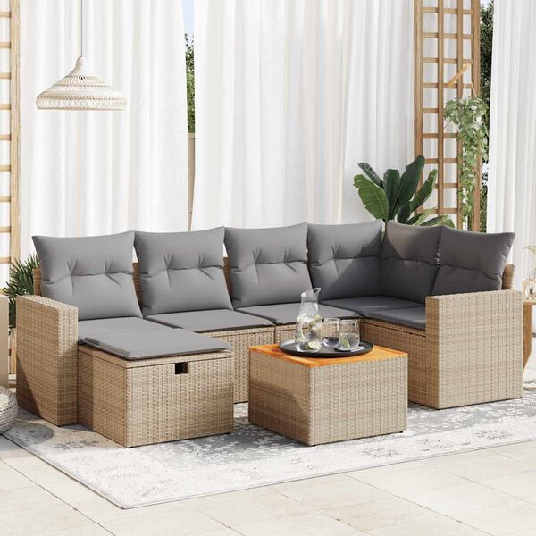 vidaXL Garden Sofa Set Beige PE rattan 7-Piece Adjustable Feet