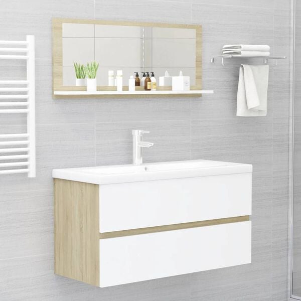 vidaXL Mirror White and Sonoma Oak Engineered Wood 35.4 x 4.1 x 14.6 in