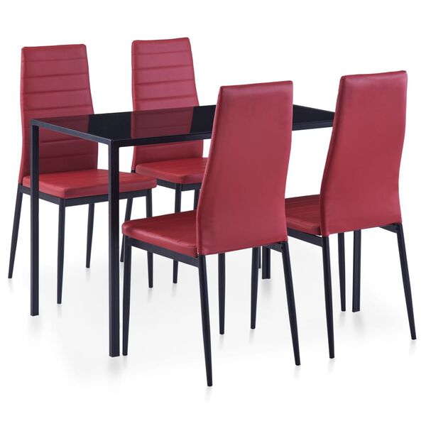vidaXL Kitchen Dining Set Wine Red Tempered Glass, Iron, Faux Leather, Wood