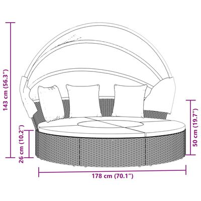 Dimension diagram of round outdoor daybed showing width 178 cm and heights