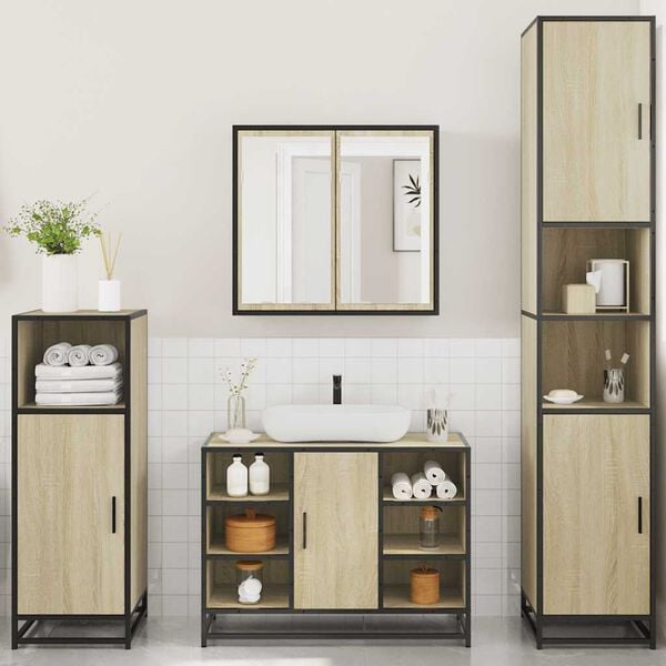 vidaXL Bathroom Furniture Set Sonoma Oak Engineered Wood, Metal Large