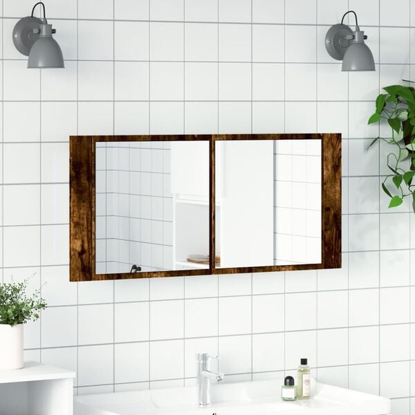 vidaXL Led Mirror Cabinet Smoked Oak Engineered Wood, Glass Large