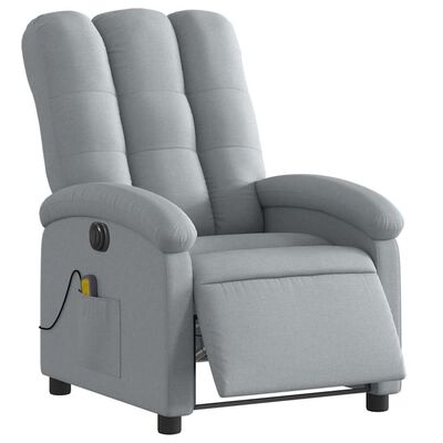Grey recliner with side pocket and built-in controls in an angled view.