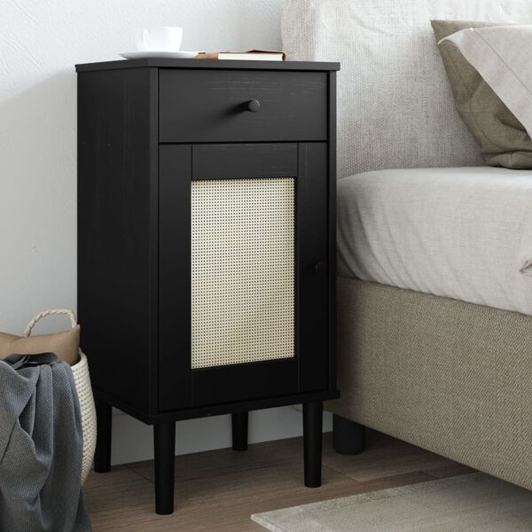 vidaXL Bedside Cabinet Black Solid pine wood, Poly rattan 31.5 in