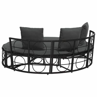 Partial view of circular outdoor sofa showing cushions and metal circular frame