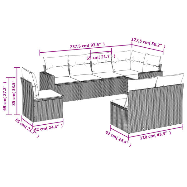 vidaXL 8 Piece Patio Sofa Set with Cushions Gray Poly Rattan