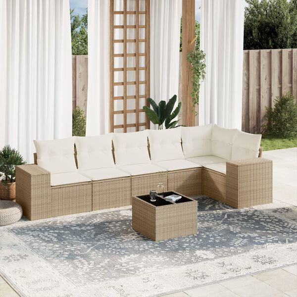 vidaXL 7 Piece Patio Sofa Set with Cushions Beige Poly Rattan