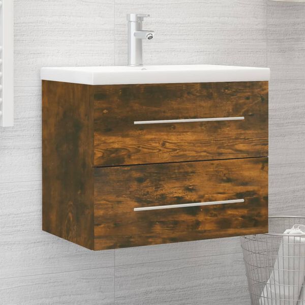 vidaXL Sink Cabinet With Basin Smoked oak, White Engineered wood, Ceramic