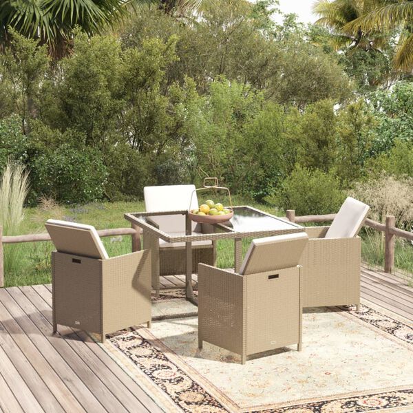vidaXL Garden Dining Set Beige PE Rattan 5 Piece Set Collapsible
