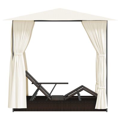 vidaXL Double Sun Lounger with Curtains Poly Rattan Brown