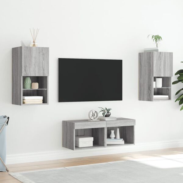 vidaXL 4 Piece TV Wall Stands with LED Lights Gray Sonoma