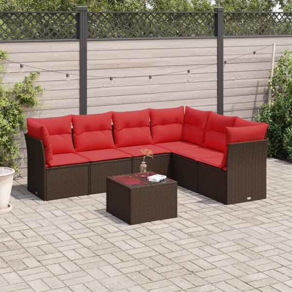 vidaXL 7 Piece Patio Sofa Set with Cushions Brown Poly Rattan