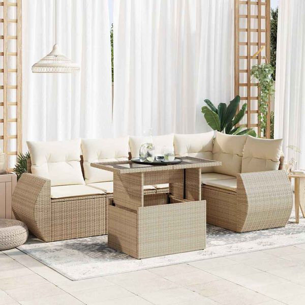 vidaXL Garden Sofa Set Beige PE Rattan, Powder-Coated Steel, Tempered Glass