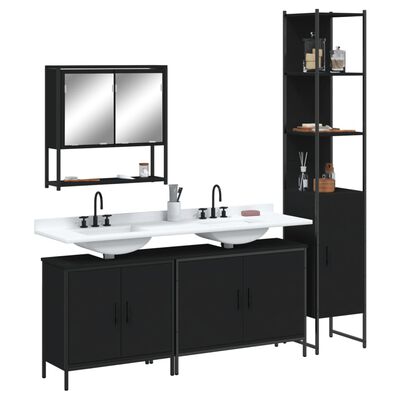 Black bathroom vanity set with double sink, tall storage cabinet on the right, wall mirror cabinet above the sinks, and a tall shelving unit on the right.
