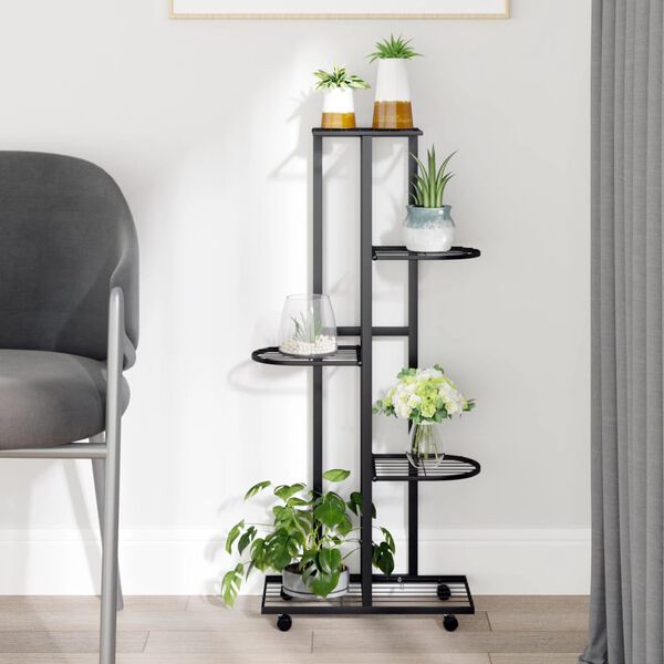 vidaXL Flower Stand Black Powder-coated iron Tall Rollable
