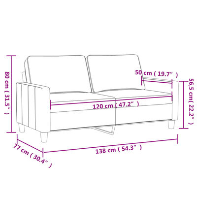 Sofa dimensions diagram with measurements in cm/inches.