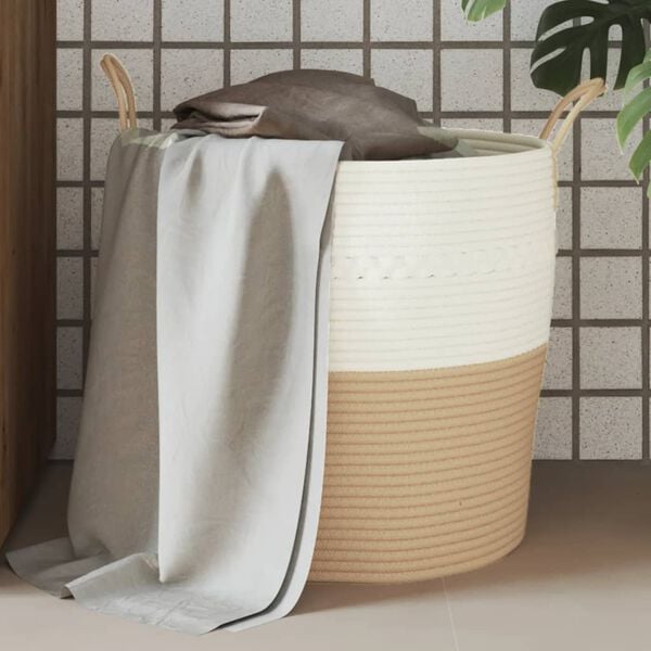 vidaXL Storage Basket Beige and White 100% Cotton Medium Collapsible