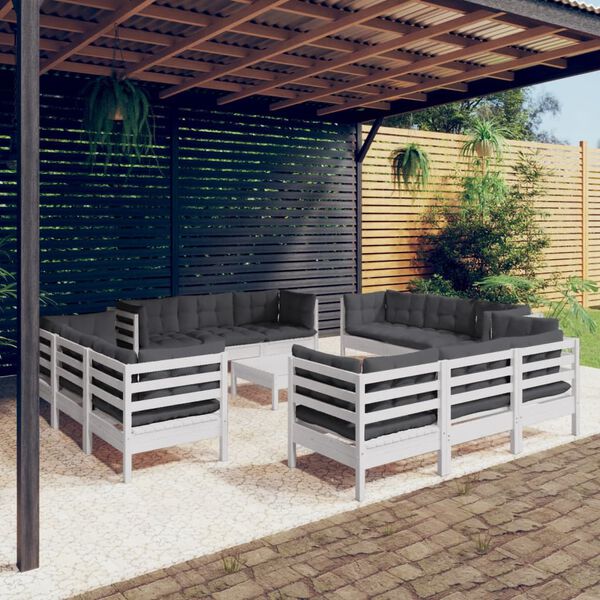 vidaXL Garden Lounge Set White, Anthracite Solid Pine Wood, Polyester