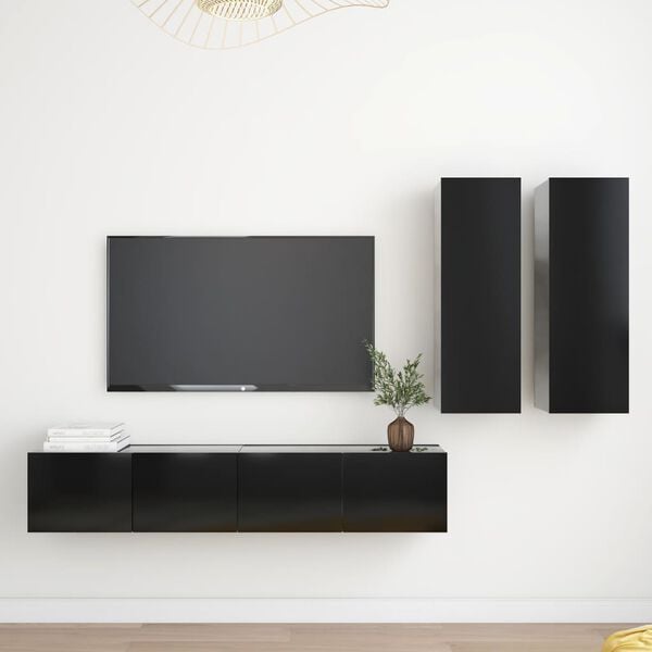 vidaXL TV Cabinet Set Set of 4 Black Engineered Wood TV Cabinet Set