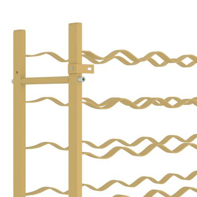 Close-up of the left post of a wooden wine rack with twisted rope shelves
