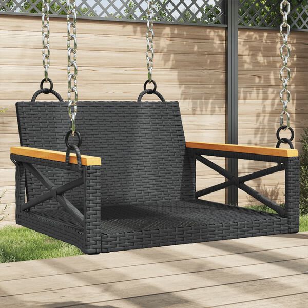 vidaXL Swing Bench Black PE rattan, powder-coated steel, solid acacia wood