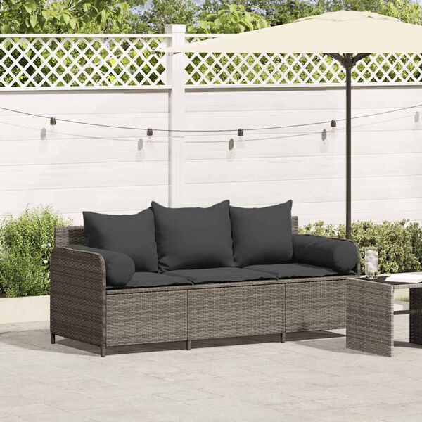 vidaXL Garden Sofa Grey PE rattan 3-Seater Removable Covers