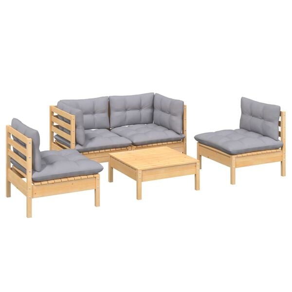 vidaXL Garden Lounge Set Grey Solid Pinewood, Polyester 5 Piece Set