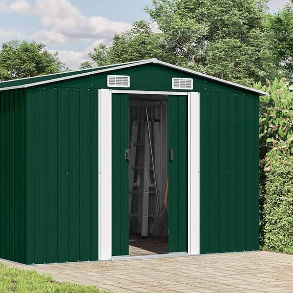 vidaXL Garden Shed Green Galvanized Steel Large Sliding Doors