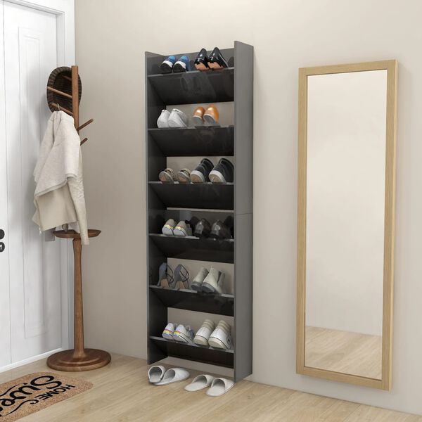 vidaXL Wall Shoe Cabinet Set of 2 High gloss grey Engineered wood