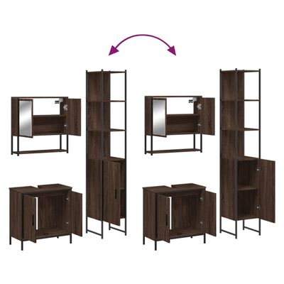 Composite showroom image showing multiple modular bathroom units including mirrors, cabinets and tall cabinet
