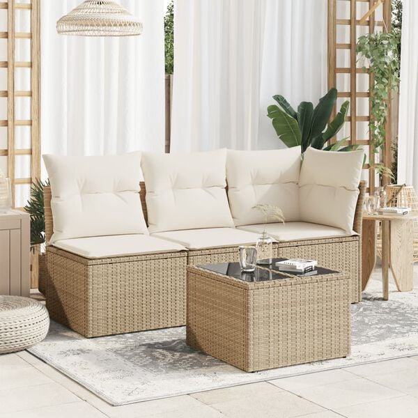 vidaXL Garden Table Beige PE Rattan, Powder-Coated Steel, Tempered Glass