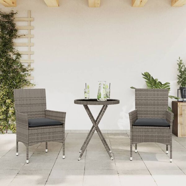 vidaXL 3 Piece Bistro Set with Cushions Grey Poly Rattan and Glass
