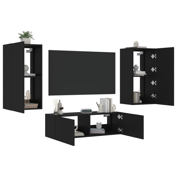 vidaXL 3 Piece TV Wall Stands with LED Lights Black
