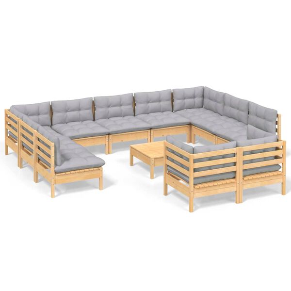 vidaXL Garden Lounge Set Grey Solid pine wood, 100% polyester fabric