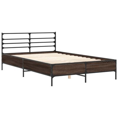 Metal bed frame with dark wood panels and metal slats